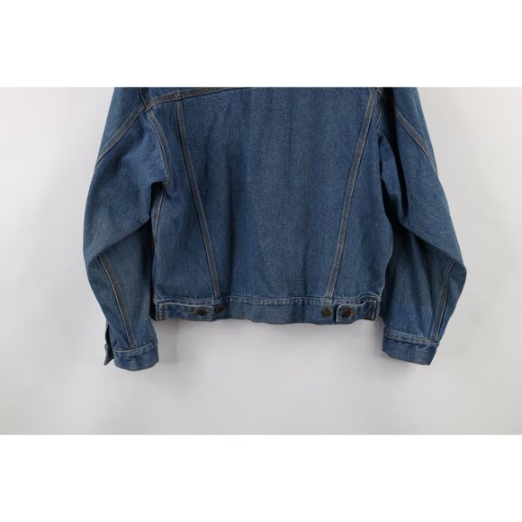Vtg 90s Streetwear Mens Medium Distressed Leather Collar Denim Trucker Jacket - Picture 12 of 12